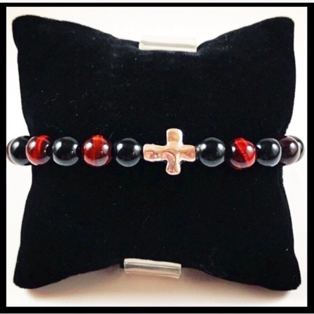 Men or women red tiger eye onyx cross bracelet